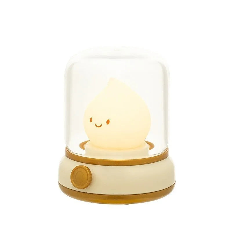 Green retro-style USB rechargeable LED night lamp with dimmer knob on wooden table