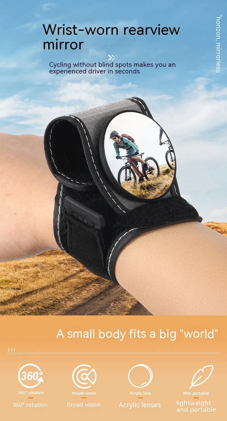 Black nylon cycling wrist rear-view mirror showing strap attachment and mirror positioning