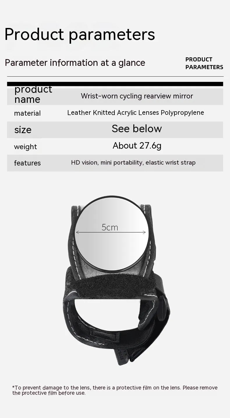 Black nylon cycling wrist rear-view mirror showing strap attachment and mirror positioning