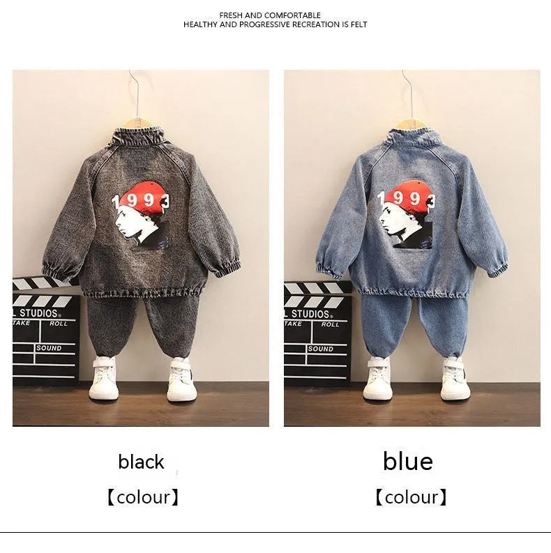 Boys wearing a blue denim two-piece suit set with long sleeves, Korean style.