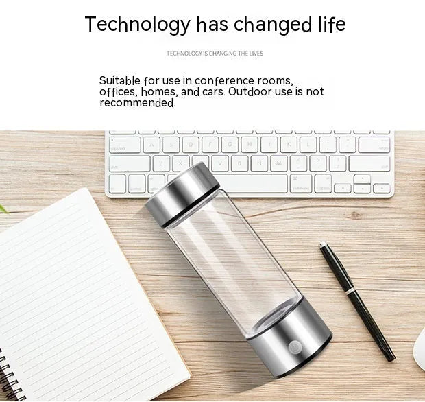 Silver electric hydrogen water generator bottle with borosilicate glass cylindrical design