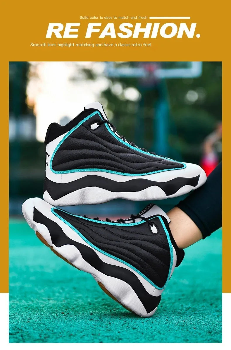High-top basketball trainers in AJ13 colours with mesh upper and thick rubber sole.