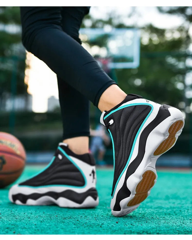 High-top basketball trainers in AJ13 colours with mesh upper and thick rubber sole.