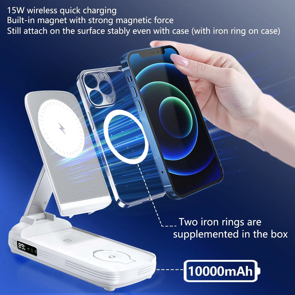 White three-in-one Magsafe wireless fast charging folding magnetic power bank 10000mAh with phone attached in upright position