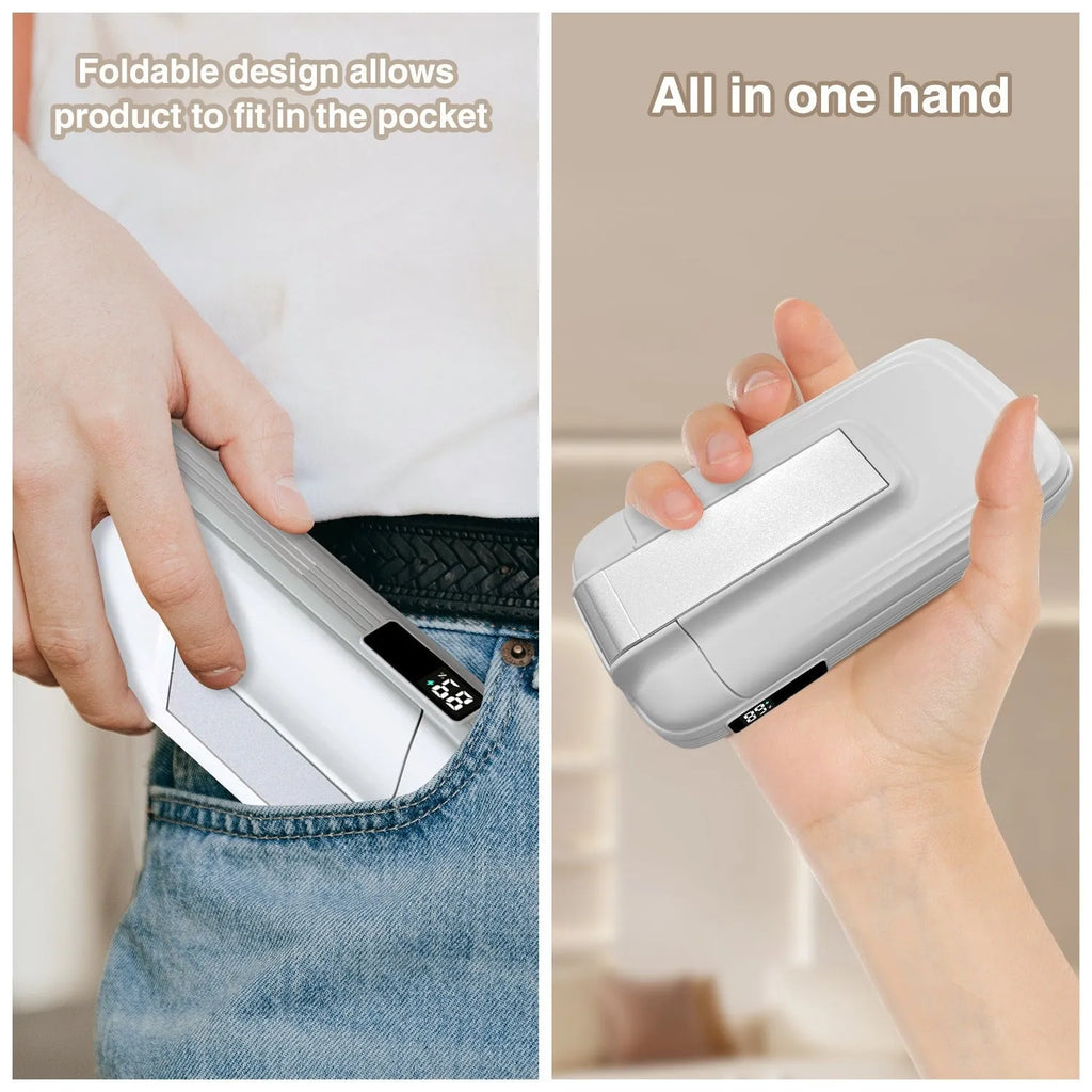 White three-in-one Magsafe wireless fast charging folding magnetic power bank 10000mAh with phone attached in upright position