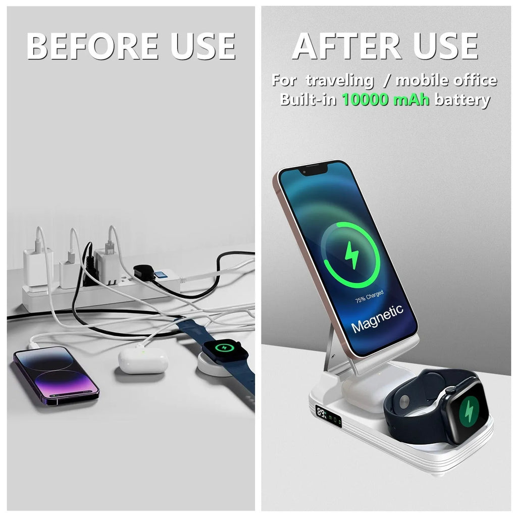 White three-in-one Magsafe wireless fast charging folding magnetic power bank 10000mAh with phone attached in upright position