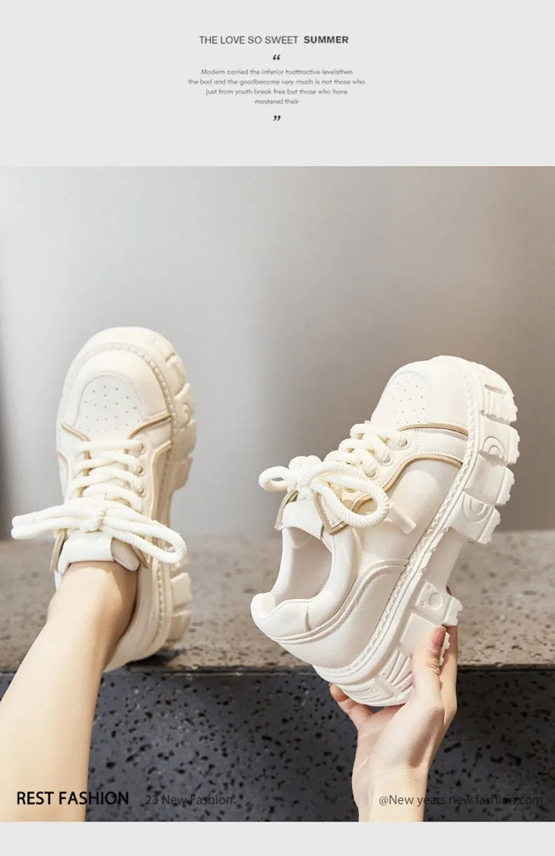 Beige and pink leather casual shoes with muffin bottom design and rubber foam soles