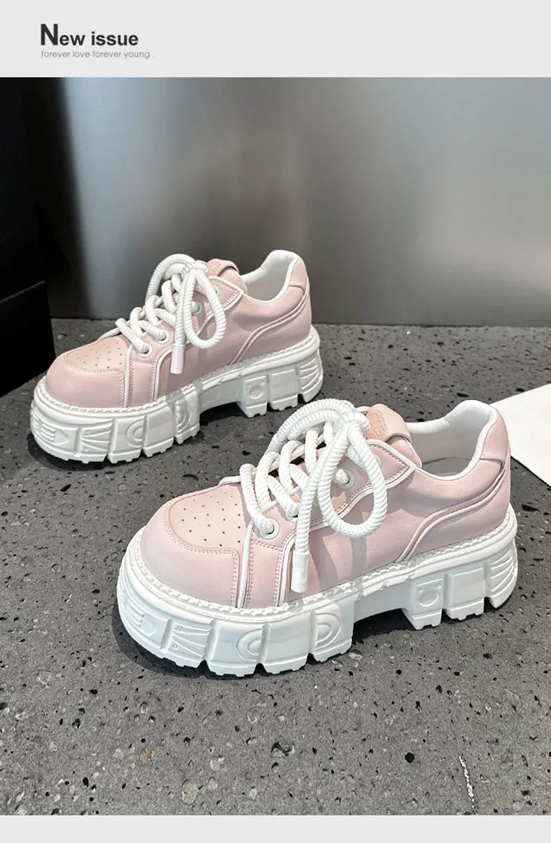 Beige and pink leather casual shoes with muffin bottom design and rubber foam soles