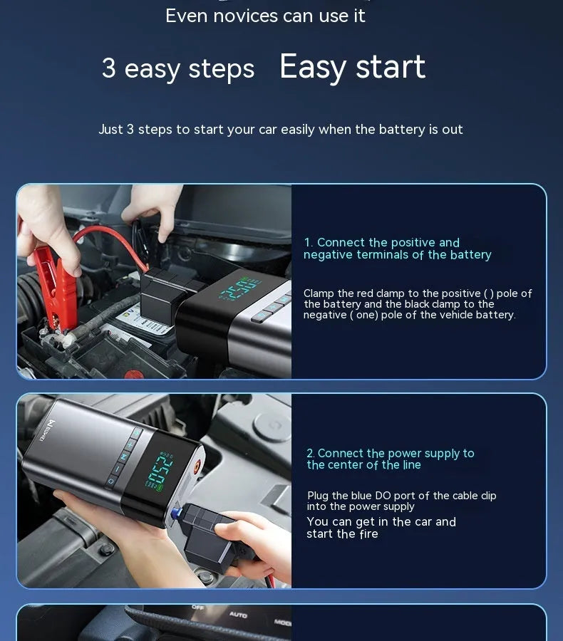 Aluminium alloy car jump starter power bank with EVA case, battery clips, and air nozzle