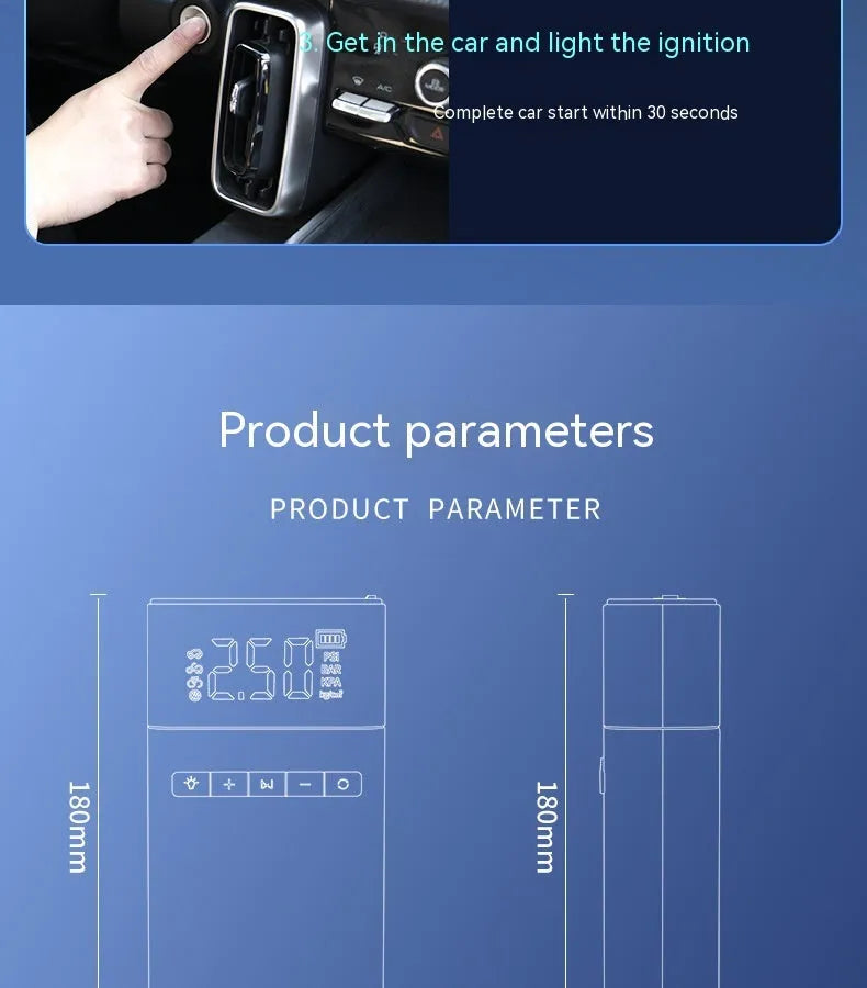 Aluminium alloy car jump starter power bank with EVA case, battery clips, and air nozzle