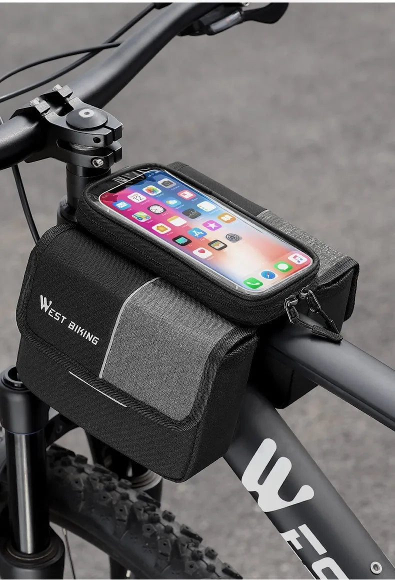 Black and grey Oxford cloth cycling saddle bag mounted on a bike handlebar.