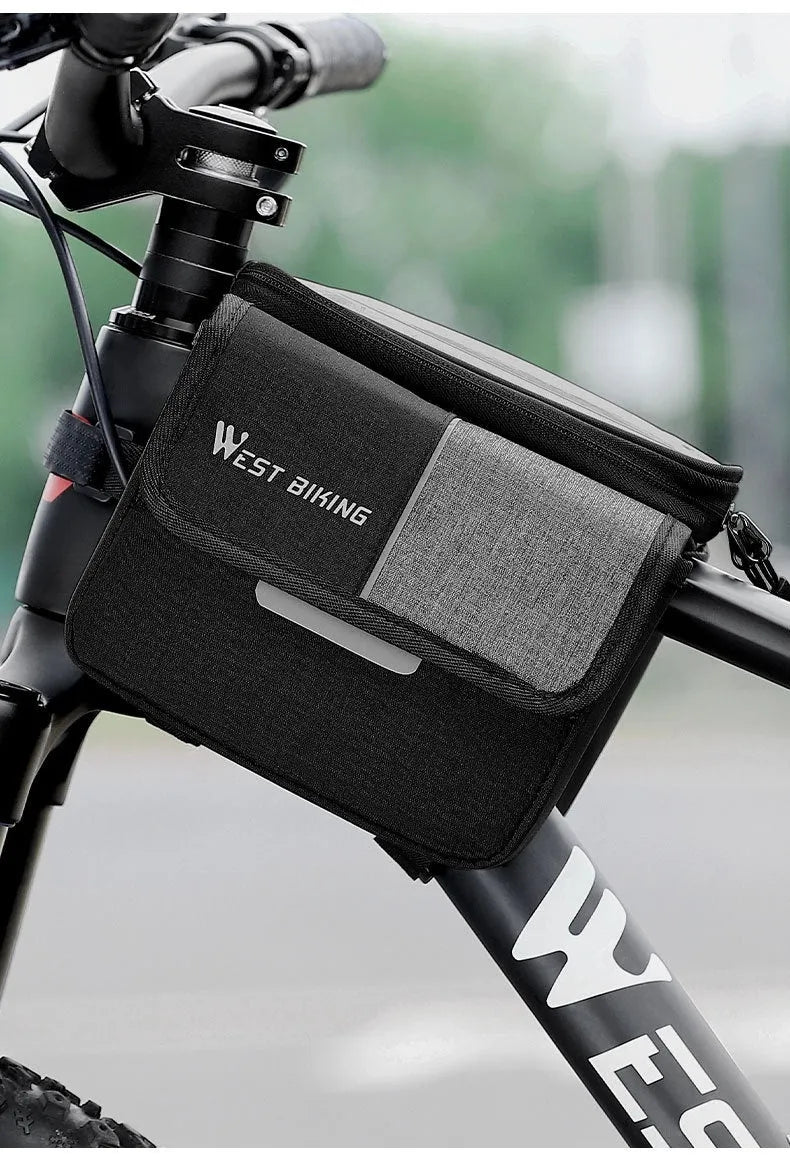 Black and grey Oxford cloth cycling saddle bag mounted on a bike handlebar.