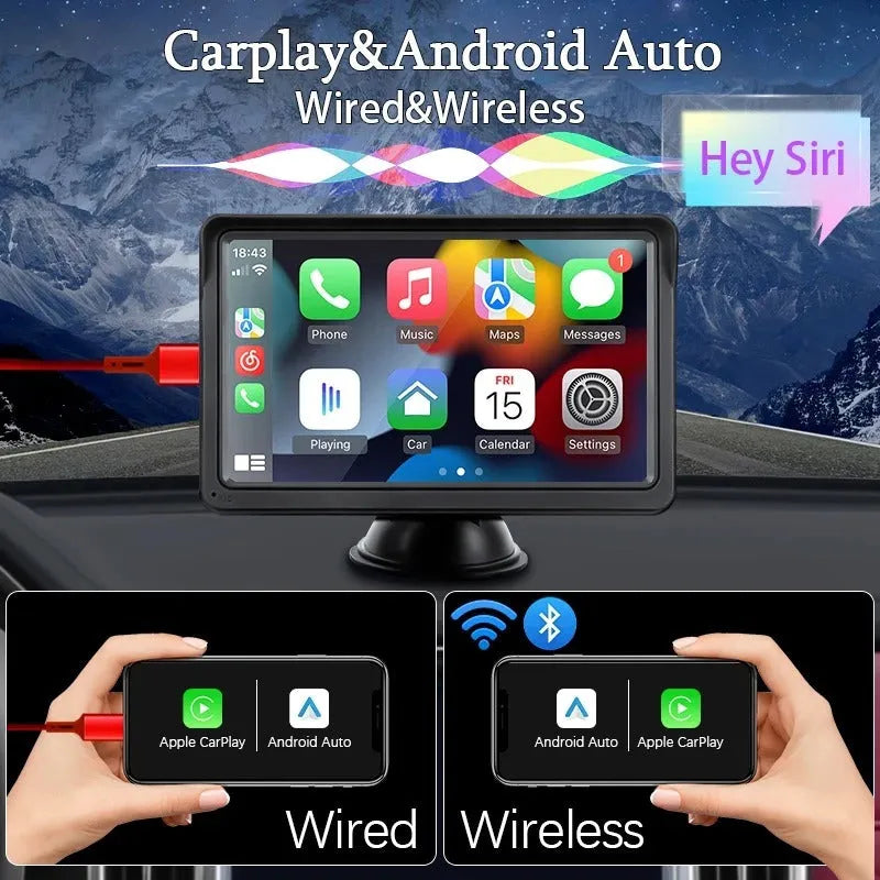 7-inch car dashboard display screen with wireless CarPlay support and HD resolution