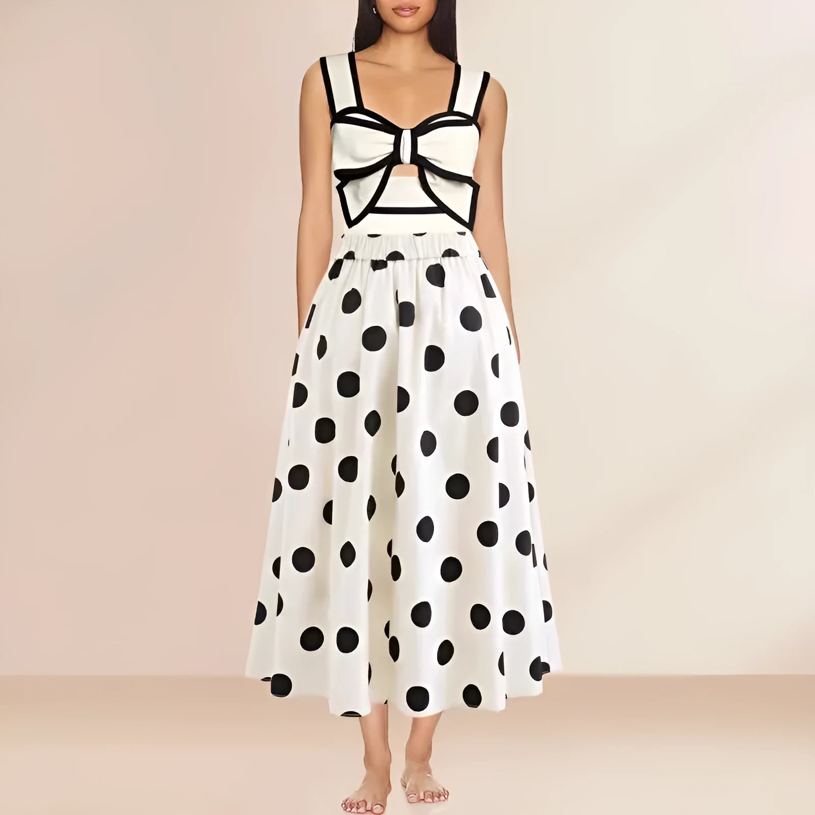 Women's black one-piece swimsuit with white bow and round skirt beach dress design