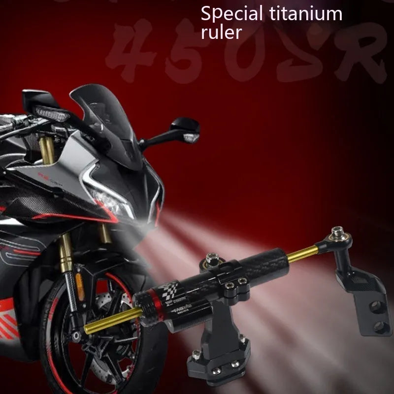 Directional titanium damper bracket for CFMoto 450SR/450SRS motorcycles with carbon fibre finish