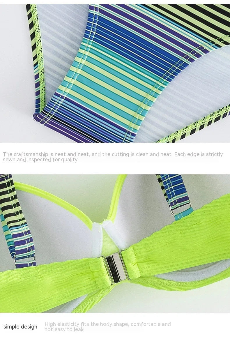 Green printed halter neck bikini set for women, showing top and briefs.