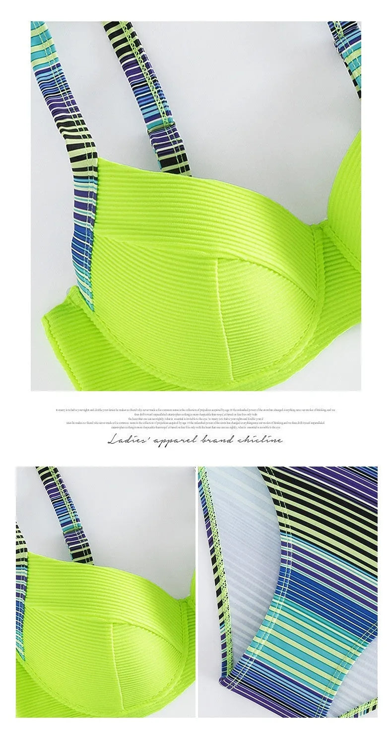 Green printed halter neck bikini set for women, showing top and briefs.