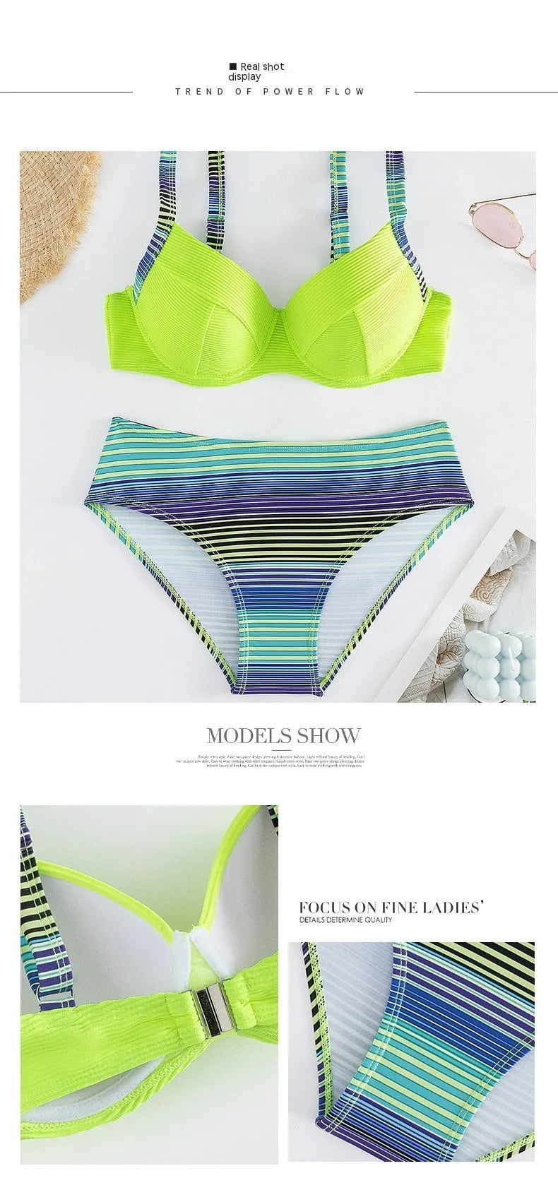 Green printed halter neck bikini set for women, showing top and briefs.