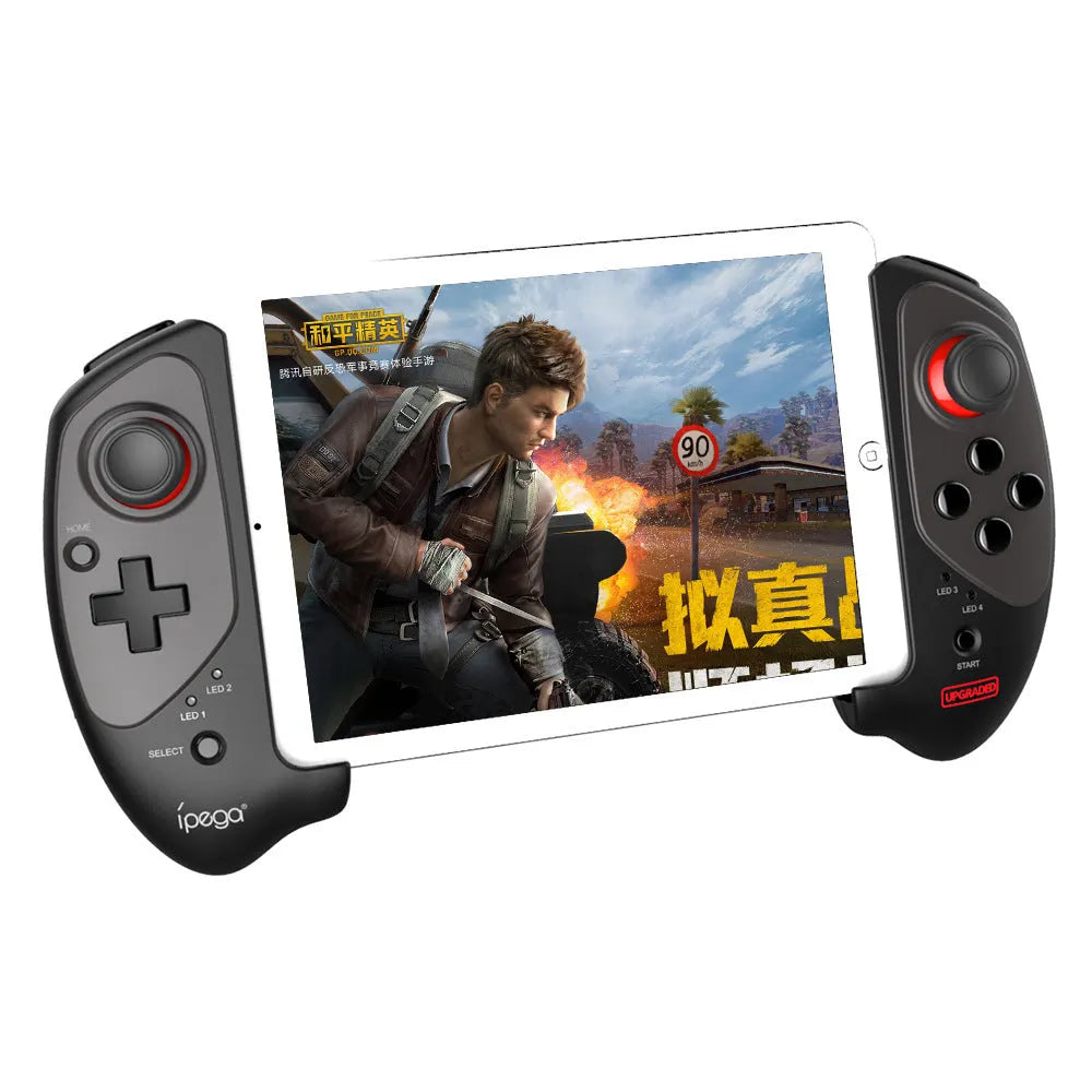 Red telescopic Bluetooth gamepad controller with USB cable for Android, iOS, and PC gaming