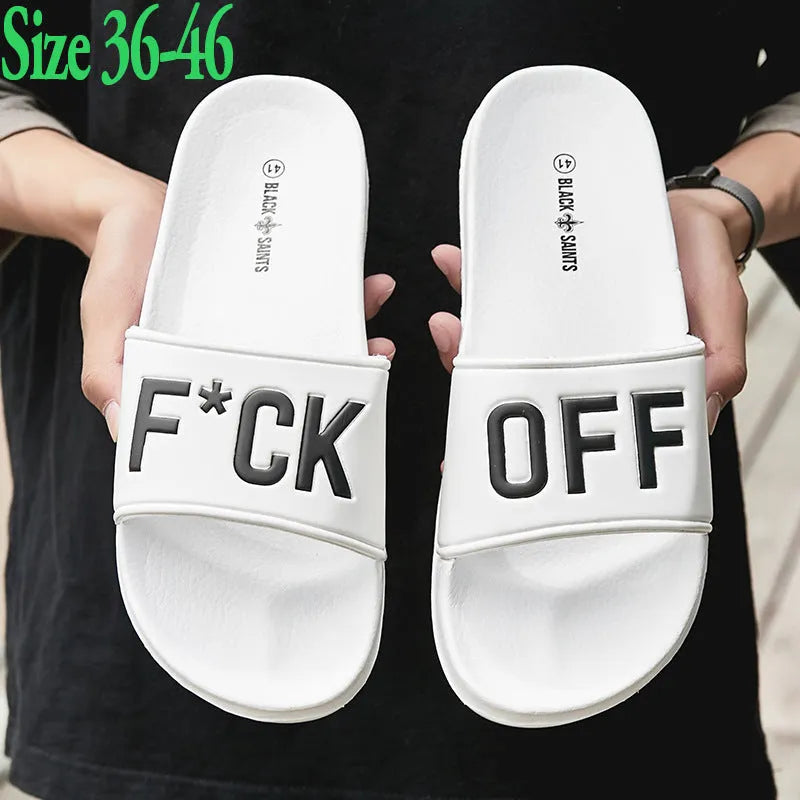 Men's large black and white open-toe personalised slippers with rubber soles on a plain background.