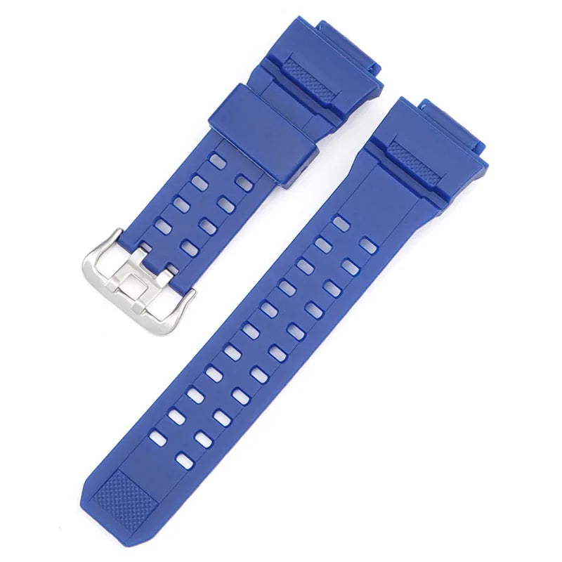 Camouflage pattern TPU rubber watch strap with silver buckle for G-Shock-style watches.