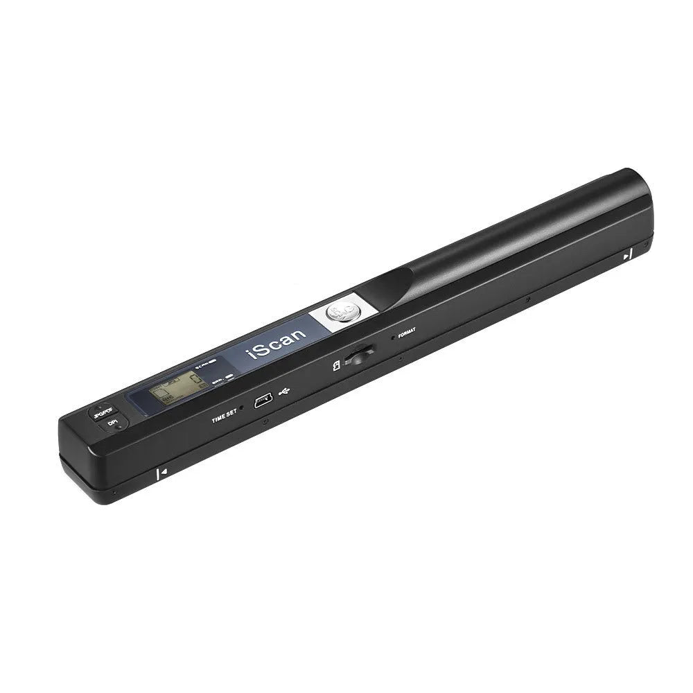 Handheld plastic scanner showing five colour options: black, blue, green, red, and silver