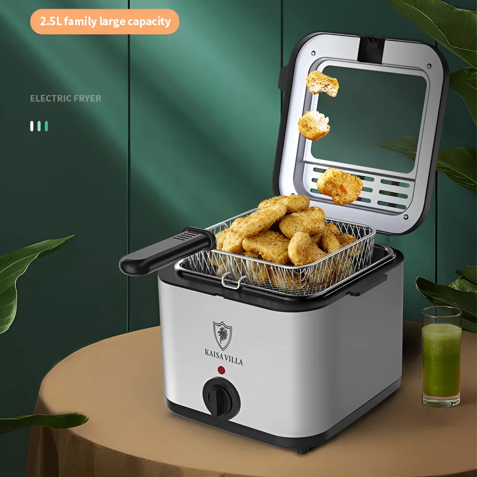 Silver 2.5L electric deep fryer with detachable basket on a kitchen countertop.