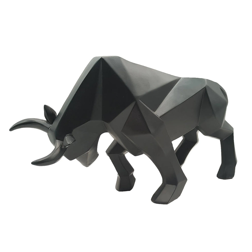 Black geometric resin bull sculpture on a shelf, abstract bison statue for modern home decor