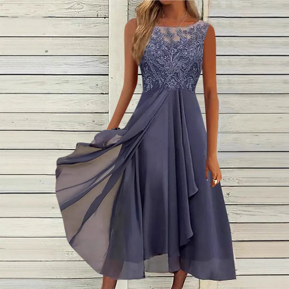 Women's sleeveless chiffon midi dress with lace hollow-out stitching in blue.