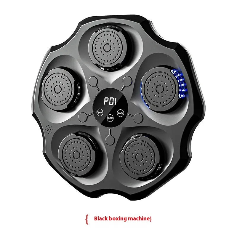 Hanging black Bluetooth music boxing wall target with a single red boxing glove mounted on a home wall.