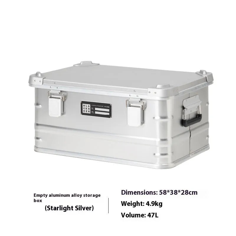 Field green aluminium expandable storage box for camping equipment measuring 58×38×28cm