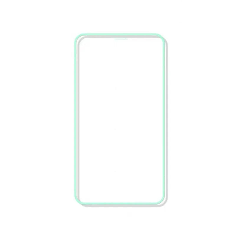 Luminous full cover tempered glass screen protector for iPhone glowing in dark on a phone.