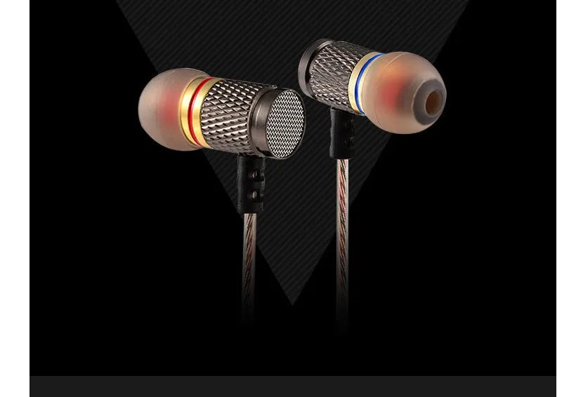 Close-up of wired in-ear headphones with metal earpiece, silicone cable, and 3.5mm L-bend plug.