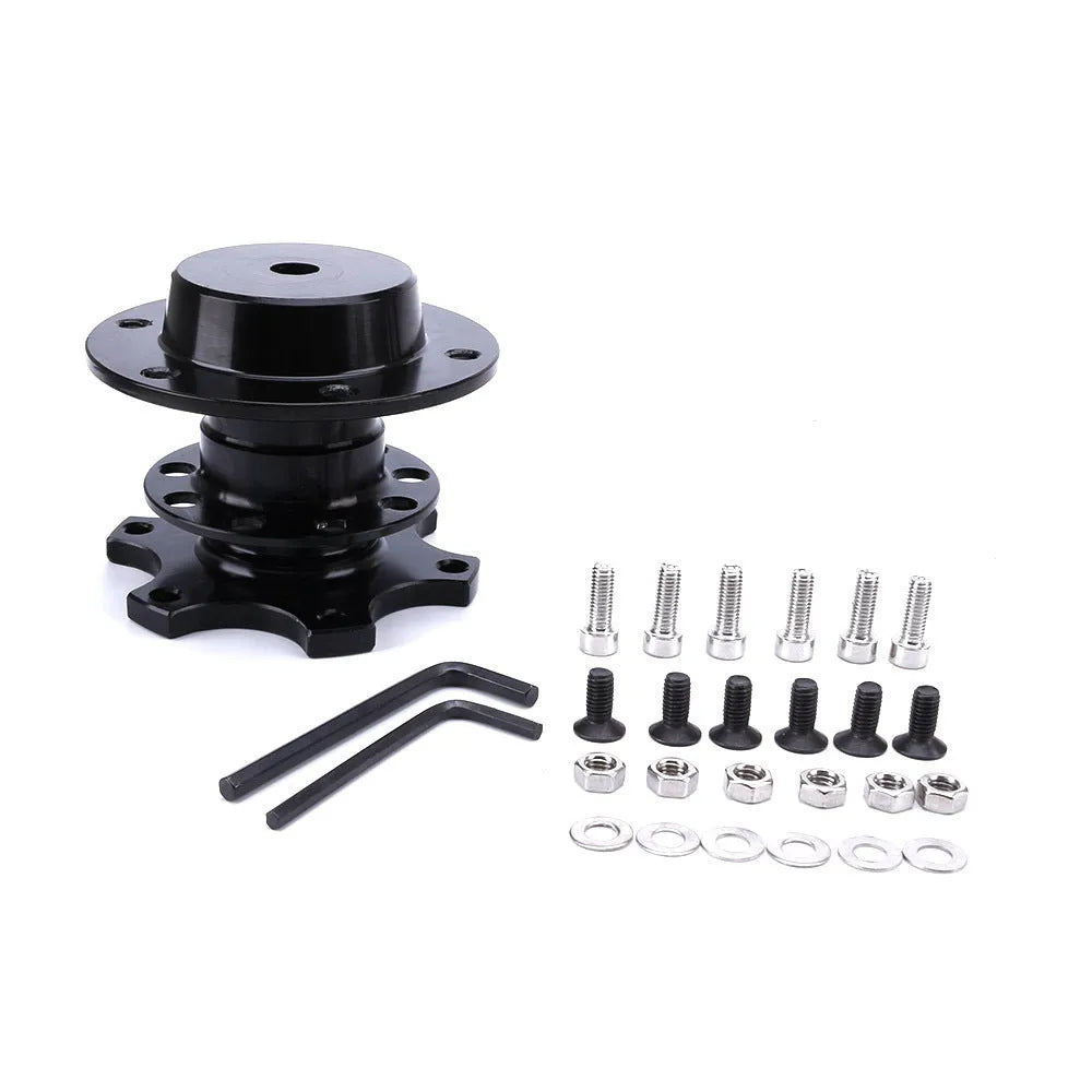 Car quick release steering wheel adapter device in black, red, blue, silver, and gold colour options.