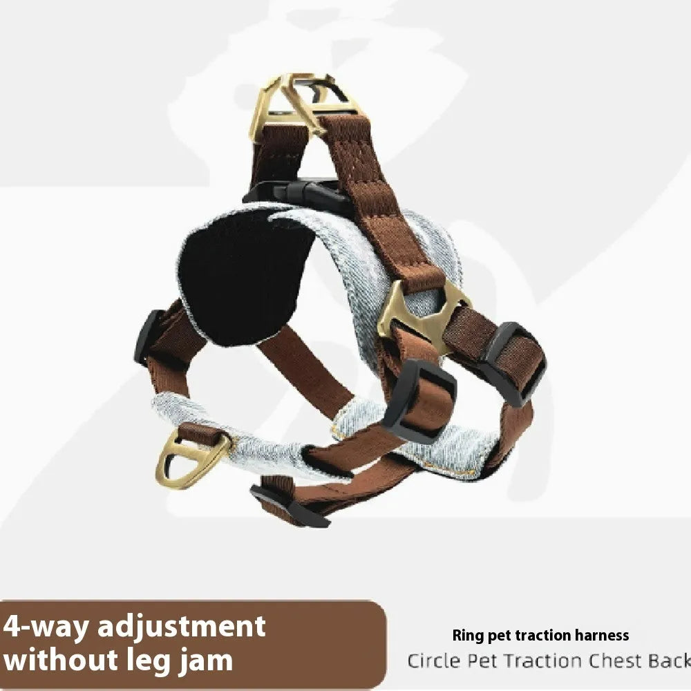 Brown anti-bite nylon dog chest harness with vest style and zinc alloy fittings on small dog