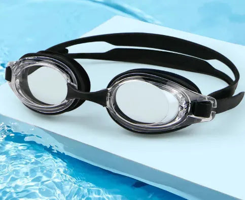 Myopia swimming goggles with prescription lenses and a matching hard protective case.