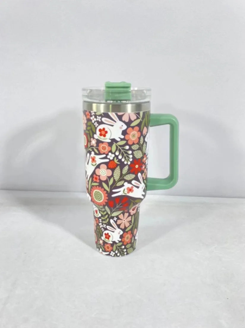 Christmas pattern stainless steel travel tumbler with handle and straw, 1200ml capacity