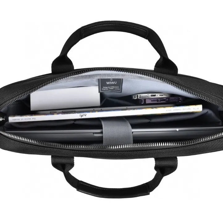 Black Oxford cloth laptop backpack showing multiple compartments and a lock, suitable for 14-inch or 15.6-inch devices.