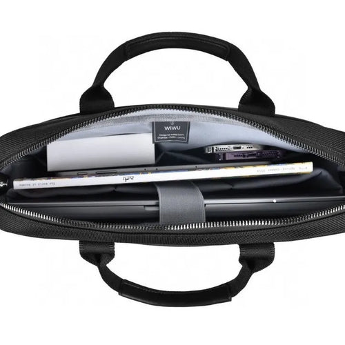 Black Oxford cloth laptop backpack showing multiple compartments and a lock, suitable for 14-inch or 15.6-inch devices.