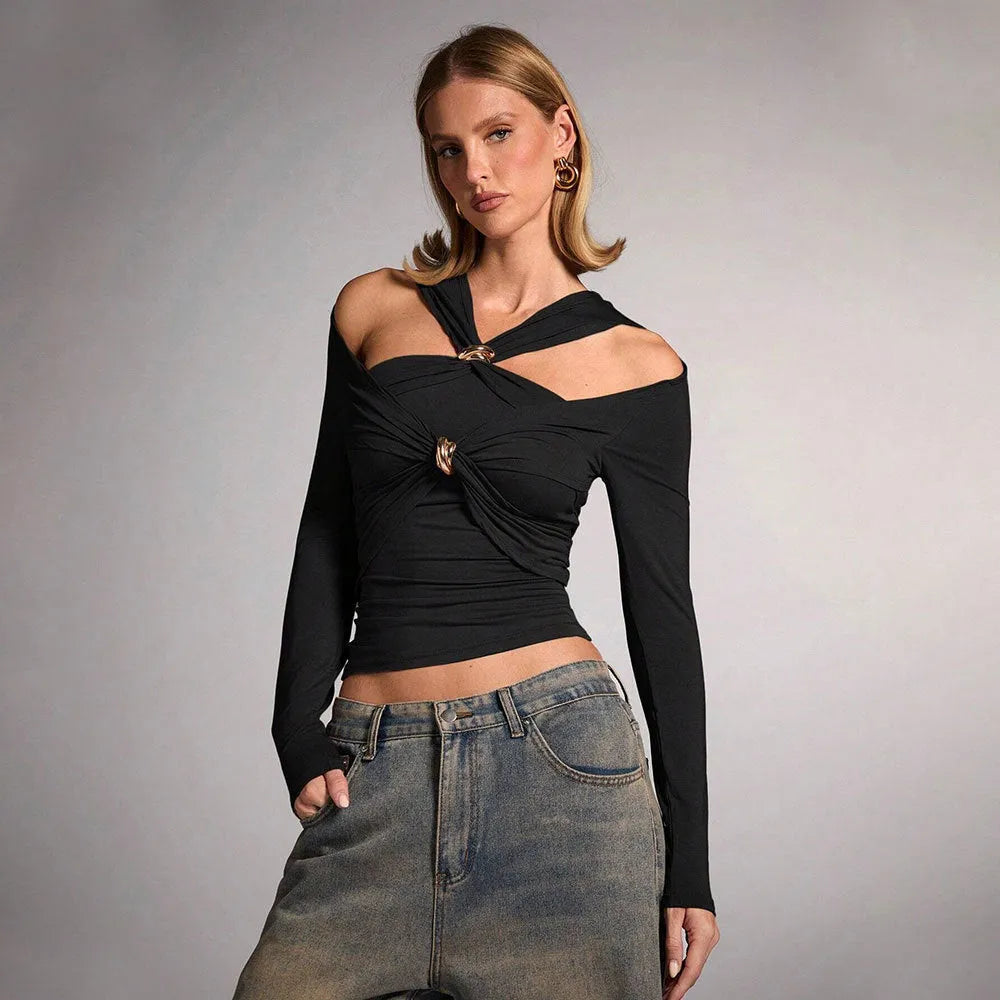 Black women's halter neck top with long sleeves in a slim fit.