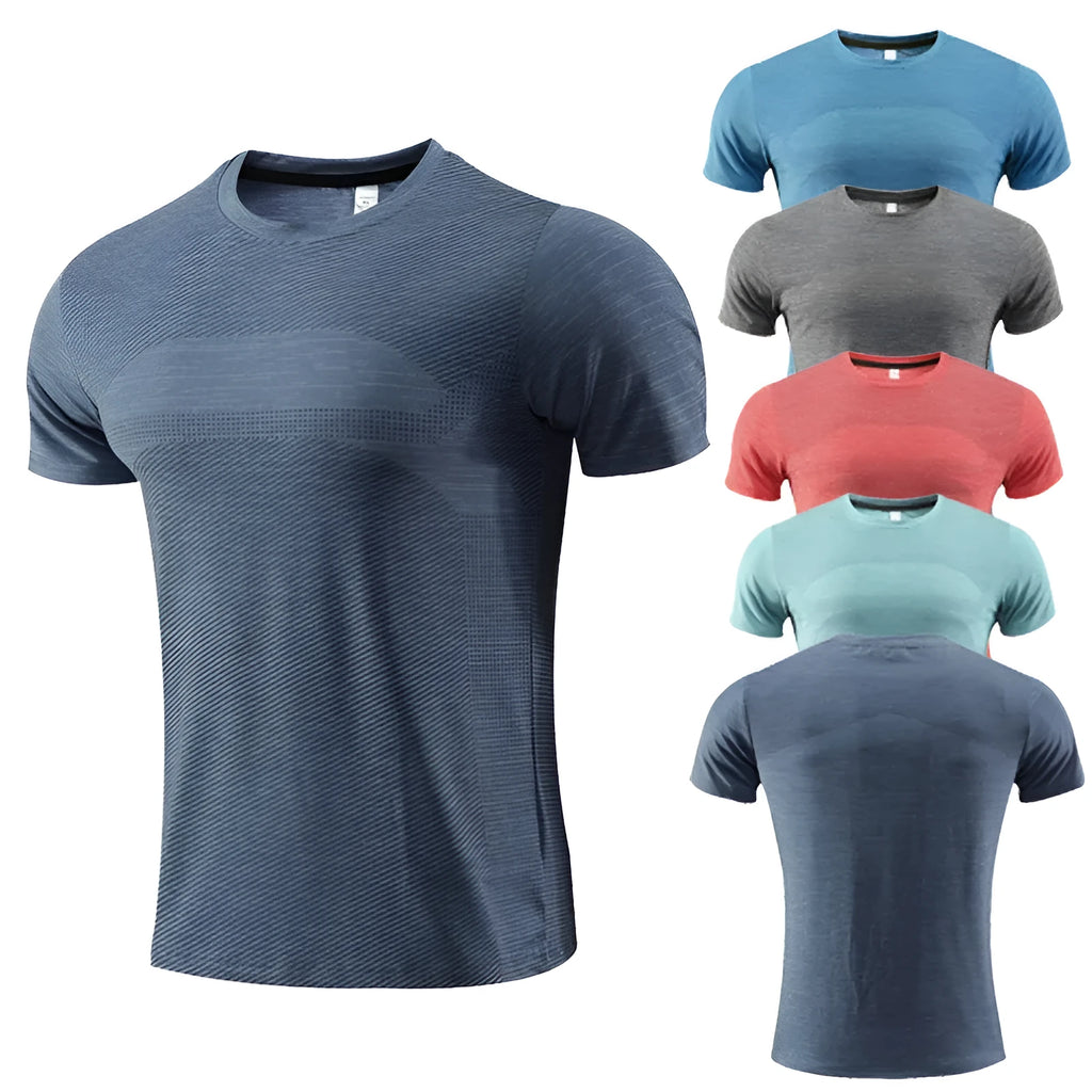 Man's short sleeve running t-shirt in polyester spandex fabric, shown in red colour.