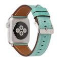 Leather watch strap with folding buckle shown in multiple colour options.