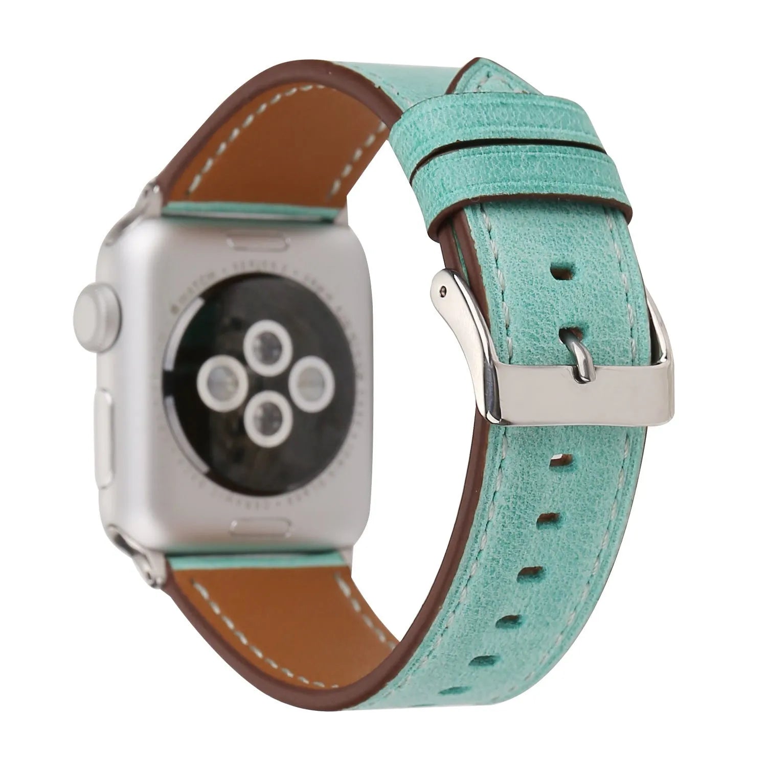 Leather watch strap with folding buckle shown in multiple colour options.