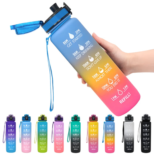 Blue and red gradient 1 litre Tritan sports water bottle with time markers and flip-top lid