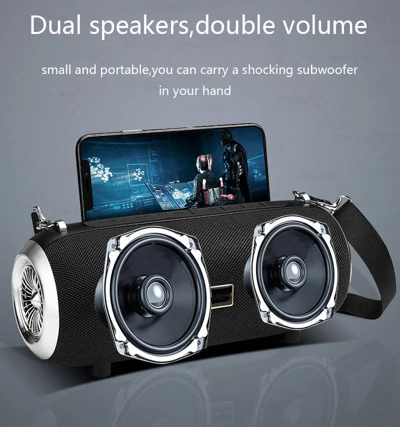 F666 portable square Bluetooth speaker with shoulder strap in black, blue, camouflage, or red colour.
