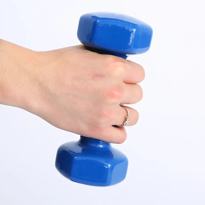 Bright colour plastic-coated fitness dumbbells in 0.5kg, 1kg, and 1.5kg weights for home exercise