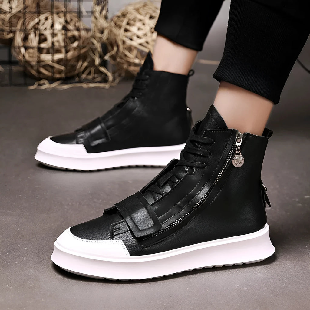 Men's black PU leather ankle boot in high-top sneaker style for winter.