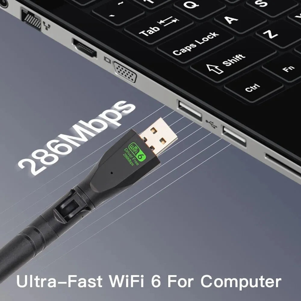 Black WiFi6 wireless network card with USB connector for driver-free computer connectivity