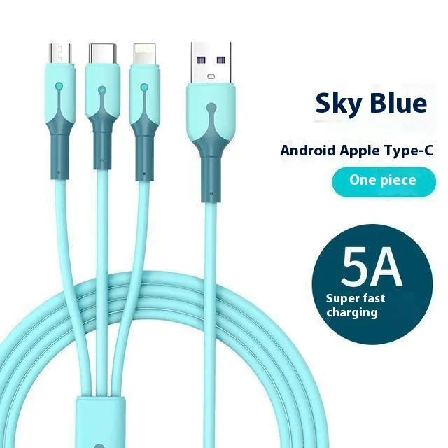 5A Super Three-in-one silicone charging cable with Lightning, Micro USB, and TYPE-C connectors in blue