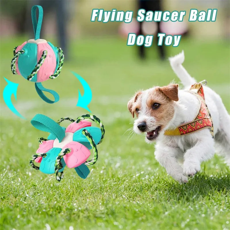 Interactive dog football soccer ball with tabs and cotton chew rope, 145.5mm sphere, flattening frisbee toy for outdoor training